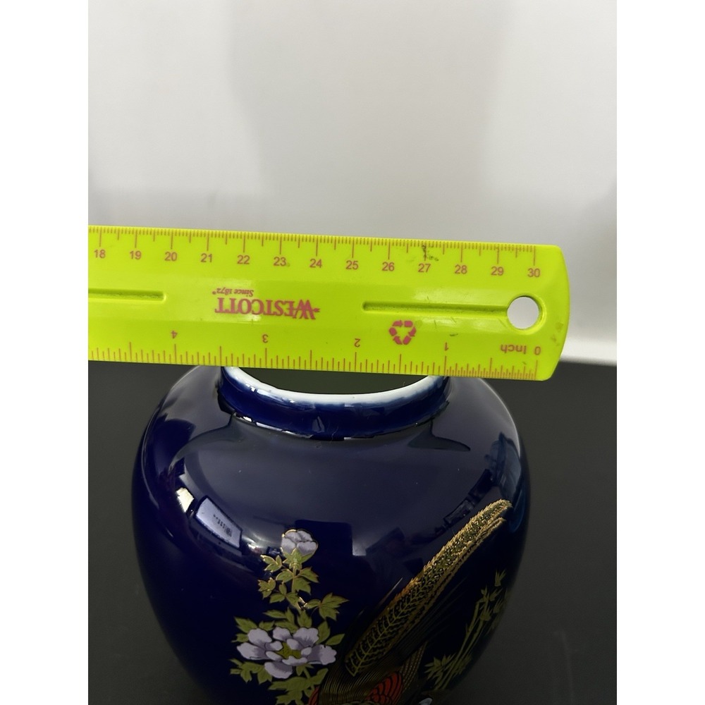 Vintage‎ Blue Porcelain Ginger Jar Lidded Vase Gold Pheasant Bird Taiwan - Picture 12 of 12